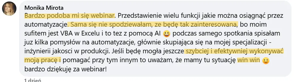 Opinia o webinarach AI